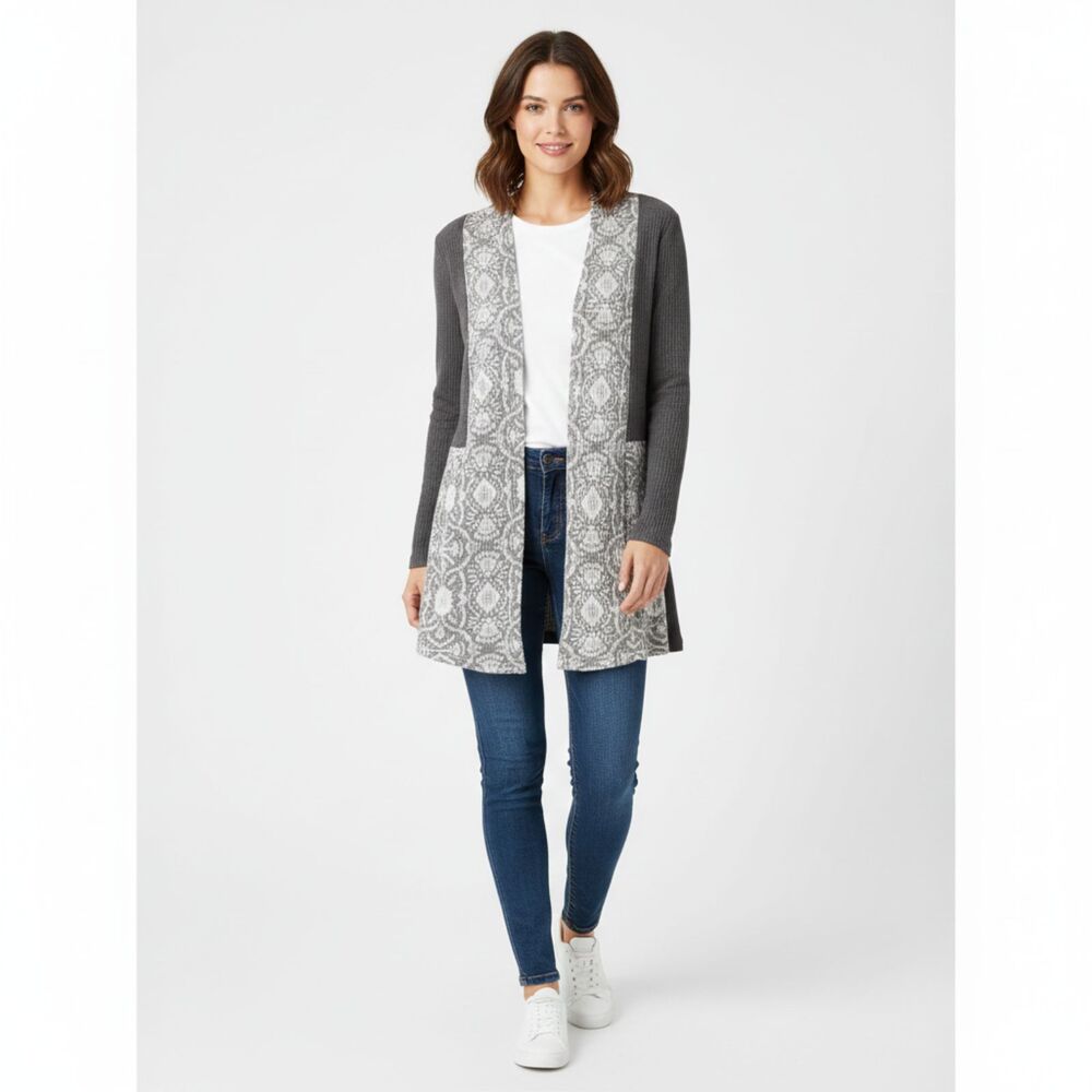 Simply Noelle Women's Open Front Gray Floral Cardigan Sweater Size S/M (8-10)